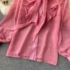 Damesblouses herfst dames zoet roze chiffon shirt vintage print veter boog tops lente dames met lange mouwen elegante enkelborstige enkelborst