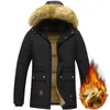 Mens Down Parkas 남자 Winter Parka Fleece Lined 두꺼운 따뜻한 후드가 달린 모피 칼라 코트 수컷 크기 5xl 봉제 재킷 가을 작업 아웃웨어 블랙 221207