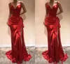 2023 Vintage Red Prom Dresses Spaghetti Straps Mermaid Sexy Side Split Satin Bow Women Dubai Formal Party aftonklänningar Wear