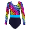 Stage Wear Girls Gymnastic Swimsuit voor het dansen van kleurrijke print ballet hupprekken rond nek lange mouw jumpsuit figuur schaatsen danskostuum