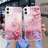 Coque en TPU souple et transparente pour iPhone, compatible modèles 14, 13, 12, 11 Pro Max, XS, XR, X, 7, 8 Plus, fleurs de printemps roses, paillettes liquides