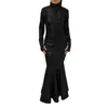 Casual Dresses Elegant Mermaid Pvc Dress Turtleneck Fishtail faux latex ruffle kant klänning långa ärmar med vantar fest nattklubbkläder