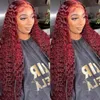 Burgundy Transparent Deep Wave Lace Frontal Wig 13x4 Red Colored Brazilian Remy T Part Curly Human Hair Wigs For Women