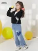 Trousers AMII Kids Spring Autumn Jeans for Girls 3 12Y Korean Elestic Waist Pockets Straight Denim Pants Children Clothing 22230006 221207