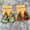 Dangle Earrings Xmas Tree Wood Bezel Cheetah Print Genuine Leather Christmas For Women Red Green Glitter Earring