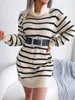 Casual Dresses Women Warm Dress 2022 Autumn Winter Knitted Long Sleeve High Neck Black And White Stripe Mini Sweater