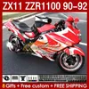 OEM-mässor för Kawasaki Ninja ZZR1100 ZX 11 R 11R 1990-1992 BODY 164NO.100 ZX-11 R ZZR 1100 CC ZX-11R ZZR-1100 ZX11R 90 91 92 ZX11 R 1990 1991 1992 FAIRING KIT RÖD Röd BLK