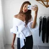 Bluzki damskie seksowna koszula damska z odkrytymi ramionami bufiaste rękawy głęboki dekolt w szpic z szarfą Lady Plaid Summer Strappy Sashes krótki top