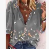 Blusas para mujer, Tops de verano 2022, camisas para mujer, camisa informal de manga larga con cuello en V para mujer, camisa con botones con estampado de mariposa para mujer