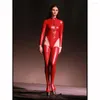 Women's Tracksuits PU Faux Leather Long Sleeve Bodysuit Thigh Stockings Latex Catsuit High Cut Thong Bikini Swimwear Sexy Suit Fitness Body