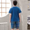 Мужская одежда для сна Летняя мультфильма Мужские пижамы повседневные короткие топы с решетчаты