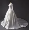 V-neck Long Sleeves A-line Wedding Dresses Lace and Satin Chapel Train Wedding Gown