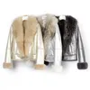 Women's Leather GTGYFF Womens Coat With Raccoon Fur Collar Short Locomotive Pearl Bright Surface Jacket Winter Warm Overcoat