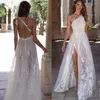 Bohemian High Side Slit Wedding Dress Sexy One Shoulder Backless Lace Appliques Tulle Bridal Gowns Robe De Mariee 2022