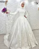 Charming Muslim A Line Wedding Dresses High Neck Long Sleeves Dubai Arabic Islamic Brial Gowns Lace Appliques Beaded Elegant Satin Vestido De Noiva Plus Size CL1578