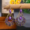 Dangle Earrings Vintage Gold Metal Water Drop Hollow Long For Women Jewelry Thailand Ethnic Purple Stone Beaded Hangers