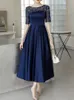 Navy Blue Mother of the Bride Dress Ankle Length Party Dresses Satin with Tulle Half Sleeves Zipper Back