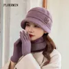 Beanie/Kafatası Kapakları Sıradan Kış Örme Şapka Rüzgar Geçirmez Kadınlar için Sıcak Eşarp Eldivenleri Set Kalın Çiçekler Kalın Tavşan Kürk Kovası 221208