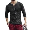 Camisetas para hombre 2022, camisa de manga larga con cuello en V de Color sólido para hombre, camiseta con botones ajustados a la moda de otoño, camisetas finas informales, ropa para hombre