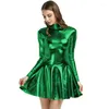 Casual Dresses Long Sleeve A-Line Dress For Women Shiny Metallic Lady Mini Turtleneck Pleated Sexy Party Cocktail Clubwear