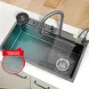 304 Stainless Steel Waterfall Kitchen Sink Nano-embossed Large Single Sink With Multifunction Touch Waterfall Faucet