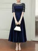 Navy Blue Mother of the Bride Dress Ankle Length Party Dresses Satin with Tulle Half Sleeves Zipper Back