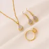 Necklace Earrings Set 24K Fine Gold Filled Pendant Ring Twisted Chain Water Drop White CZ Lucency Bridal Wedding Party