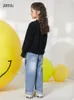 Pantalon AMII Enfants Printemps Automne Jeans pour Filles 3 12Y Coréenne Elestic Taille Poches Droite Denim Pantalon Enfants Vêtements 22230006 221207