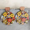 Dangle Earrings Large Round Wood Disc Summer Floral Design Statement For Women Flower And Leaves Print