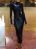 Casual Dresses Wet Look Black PU Leather Bodycon Dress Women Sexy Long Sleeve Crew Neck Wrapped Midi For Party Cocktail Street Outfit