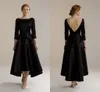 Plus Size Mother of The Bride Groom Dresses Simple Black A Line 3/4 Sleeves Scoop Neck Open V Back Tea Length Satin Sashes Formal Dress Mother's Dress Custom Made