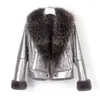 Women's Leather GTGYFF Womens Coat With Raccoon Fur Collar Short Locomotive Pearl Bright Surface Jacket Winter Warm Overcoat