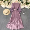 Casual Kleider Taille Falten Abnehmen Elegante Chiffon Kleid Frauen 2022 Frühling Französisch Stil Puff Langarm Urlaub Robe Maxi Plissee