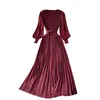 Casual Jurken Taille Plooi Afslanken Elegante Chiffon Jurk Vrouwen 2022 Lente Franse Stijl Bladerdeeg Lange Mouwen Vakantie Gewaad Maxi Geplooid