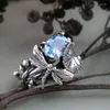 Bröllopsringar Creative Insect Blue Crystal Dragonfly Lotus Finger Ring Women Eloy Party Jewelry Gift