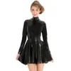 Casual Dresses 6XL High Quality PVC Turtleneck Mini Dress Women Sexy Bodycon Skater Pleated Long Sleeve Back Zipper Performance Clubwear