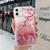 Coque en TPU souple et transparente pour iPhone, compatible modèles 14, 13, 12, 11 Pro Max, XS, XR, X, 7, 8 Plus, fleurs de printemps roses, paillettes liquides