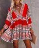 Casual Dresses 2022 Summer Women's Sexy Tribal Print V-Back Tied Detail Swing Dress Backless V-Neck Boho Vintage A Line