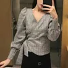 Bluzki damskie Być może u kobiet długi pełny rękaw V Office Lady Grey Top Top Bluzja Koszula B0248