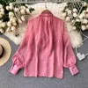 Damesblouses herfst dames zoet roze chiffon shirt vintage print veter boog tops lente dames met lange mouwen elegante enkelborstige enkelborst