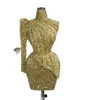 キラキラした金のスパンコールウエディングドレス片肩長袖ハイネックギルターイブニングガウンフォーマルな機会ベスチドプラスサイズ