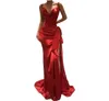 2023 Vintage Red Prom Dresses Spaghetti Straps Mermaid Sexy Side Split Satin Bow Women Dubai Formal Party aftonklänningar Wear