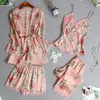 Women's Sleepwear 5PC Women Pajamas Sets Sexy Lace Satin Robe Bathrobe Trousers Shorts Lingerie Set With Chest Pads 2022