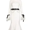 Casual Dresses Sexy Lace Turtleneck Beaded White Long Sleeve Belt Midi Mermaid Dress Elegant Design Birthday Party Nightclub