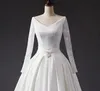 V-neck Long Sleeves A-line Wedding Dresses Lace and Satin Chapel Train Wedding Gown