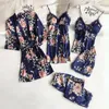 Women's Sleepwear 5PC Women Pajamas Sets Sexy Lace Satin Robe Bathrobe Trousers Shorts Lingerie Set With Chest Pads 2022