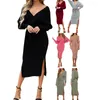 Casual Dresses Women Sticked Elegant Dress Fall Winter Clothes Solid Color Deep V-Neck långärmad rygglös med midjebältets kontor damer