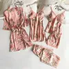 Women's Sleepwear 5PC Women Pajamas Sets Sexy Lace Satin Robe Bathrobe Trousers Shorts Lingerie Set With Chest Pads 2022