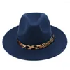 Berets Mistdawn dames dames wol mix Panama hoeden brede runder fedora trilby caps luipaard lederen band