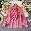 Damesblouses herfst dames zoet roze chiffon shirt vintage print veter boog tops lente dames met lange mouwen elegante enkelborstige enkelborst